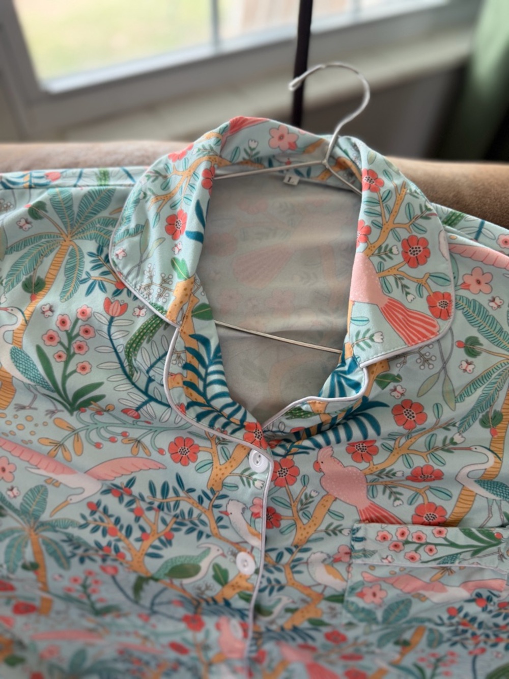 Button-Up Shirt with Pastel Tropical Bird Print - Womens Size Large